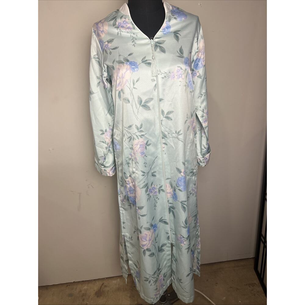 Miss Elaine Women's Zip Up Robe Light Teal Floral Small Asian Inspired
